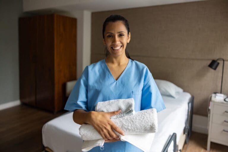 A woman wearing scrubs is holding clean, folded towels. She is standing in a bedroom in a senior living facility.